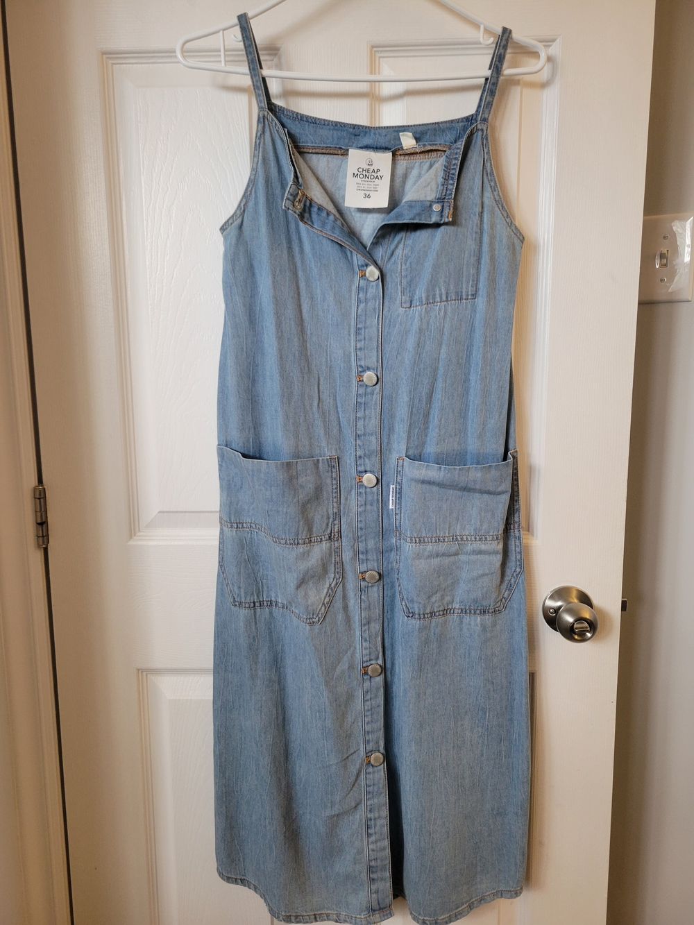 Cheap Monday Light Wash Denim Button-Front Pinafore Dress